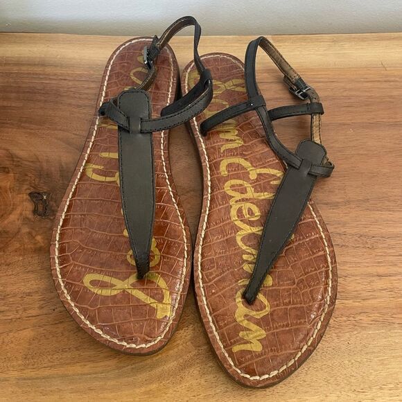 SAM EDELMAN Womens Black Leather T-Strap Flat thong ankle Gigi Sandals size 8 - Picture 3 of 8